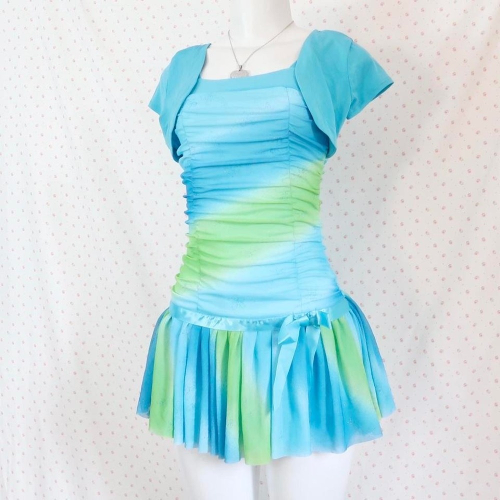 Vintage Y2K Blue Green Ombre Ruched Mini Dress Bolero Set